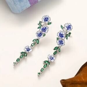 Sparkle Blue Flower Drop Earrings – Elegant Enamel Floral Dangle Earrings